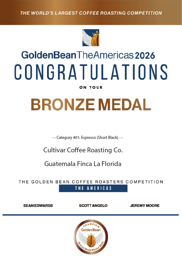 Golden Bean The Americas 2026 bronze medal certificate awarded to Cultivar Coffee for Guatemala Finca La Florida, Espresso (Short Black) category