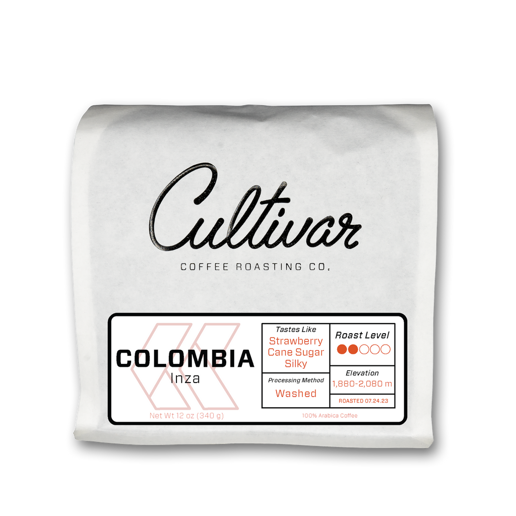 Retail bag of Cultivar Coffee Roasting Co.'s Colombia Inza freshly roasted coffee beans