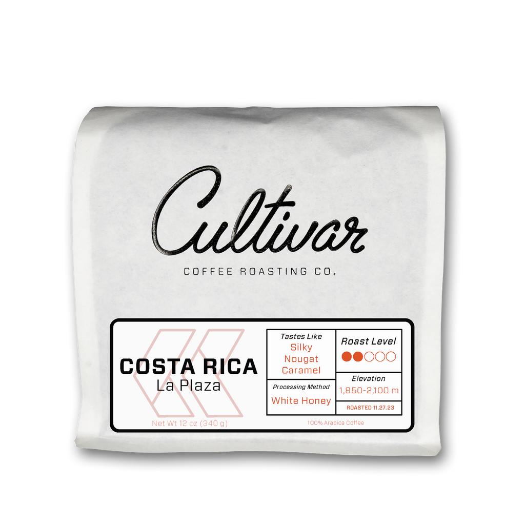 Retail bag of Cultivar's freshly roasted Costa Rica La Plaza coffee beans