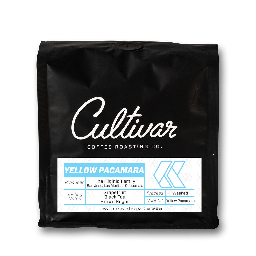 Retail bag of Cultivar's Guatemala Yellow Pacamara freshly roasted coffee beans