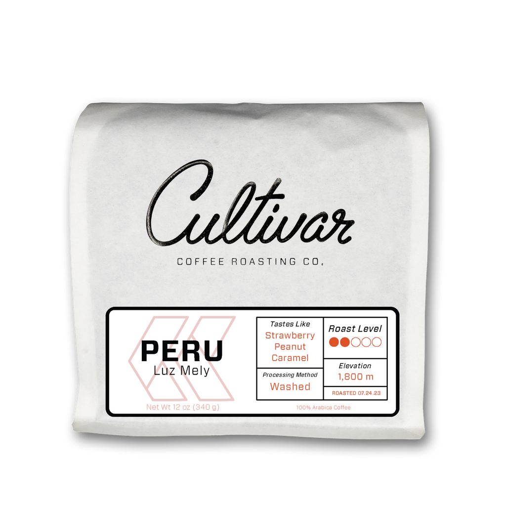 Retail bag of Cultivar Coffee Roasting Co.'s Peru Luz Mely freshly roasted coffee beans