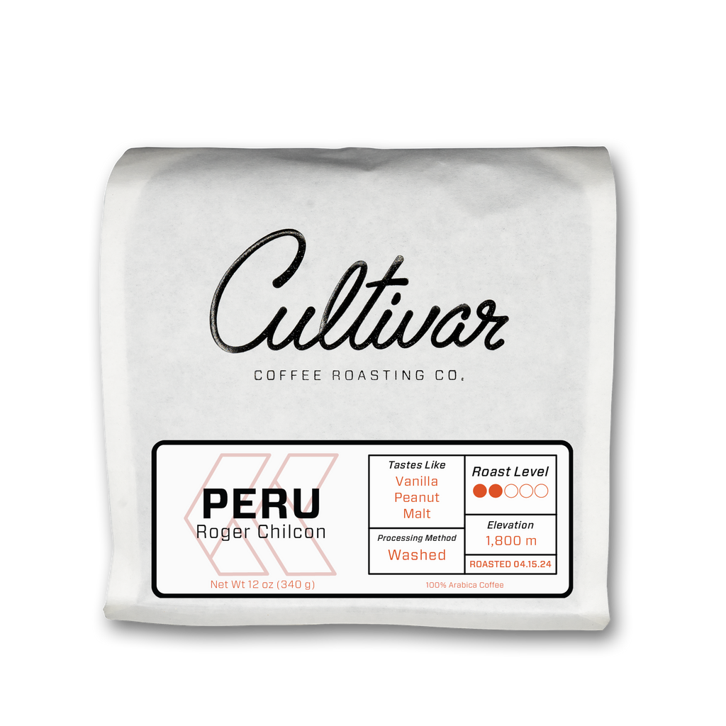 Retail bag of Cultivar Coffee Roasting Co.'s Peru Roger Chilcon freshly roasted coffee beans