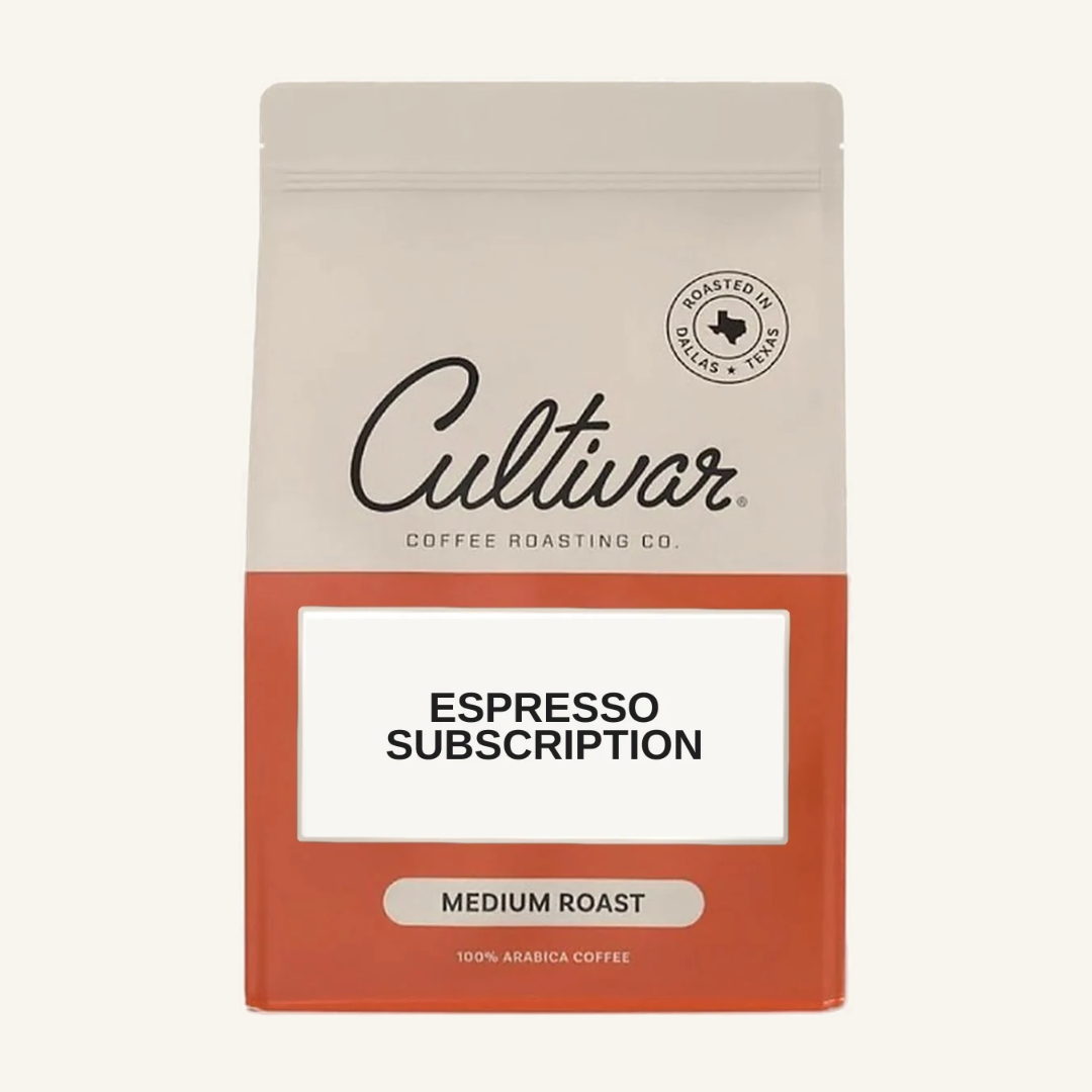 Retail bag of Cultivar Coffee Roasting Co.'s Espresso Subscription freshly roasted coffee beans