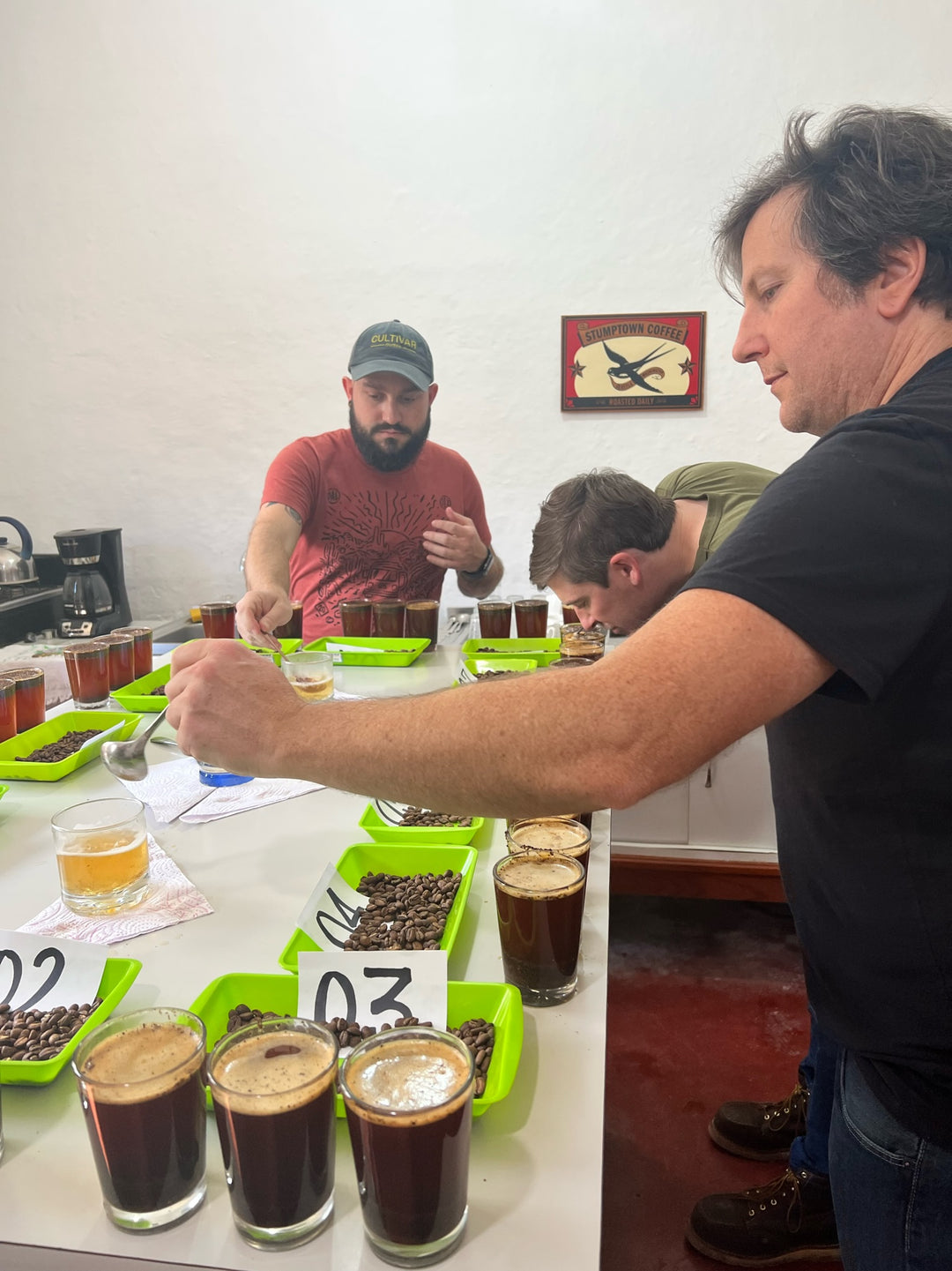 Cuppers evaluating numbered samples of Cauca coffee beside green trays of whole bean and ground coffee