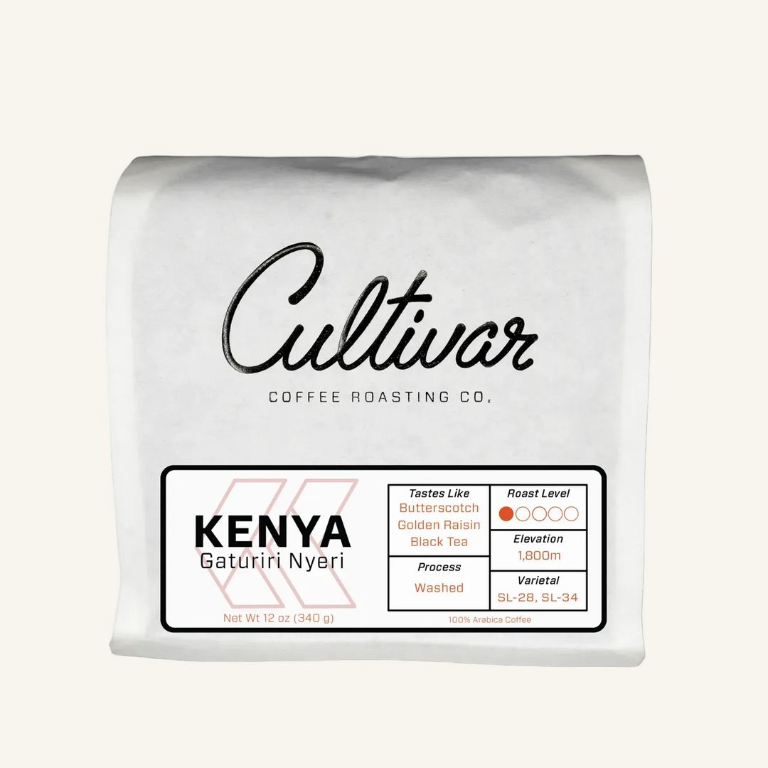 Retail bag of Cultivar Coffee Roasting Co.'s Kenya Gaturiri Nyeri freshly roasted coffee beans