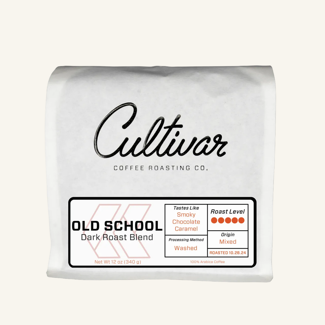 Retail bag of Cultivar Coffee Roasting Co.'s Old School Dark Roast Blend freshly roasted coffee beans