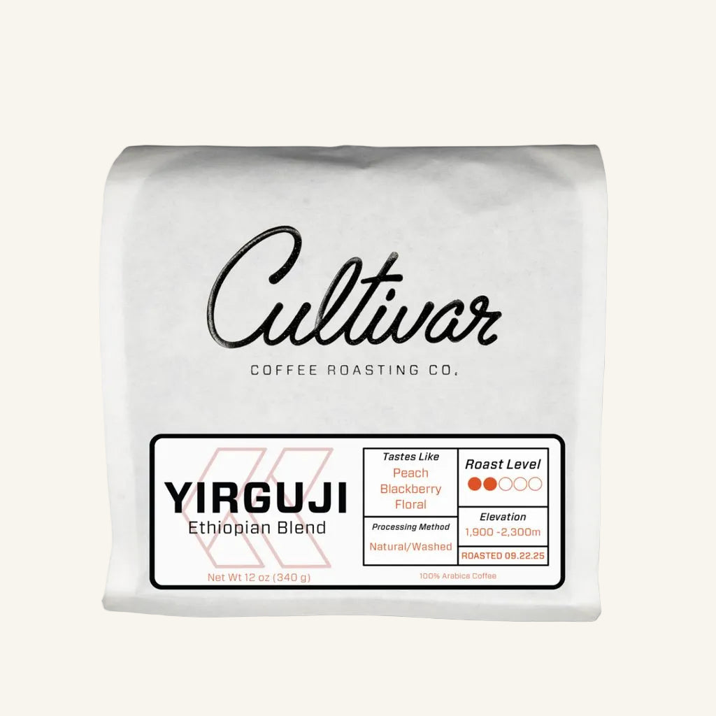 Retail bag of Cultivar Coffee Roasting Co.'s Yirguji freshly roasted coffee beans