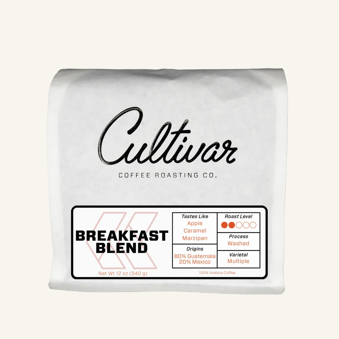 Retail bag of Cultivar Coffee Roasting Co.'s Breakfast Blend freshly roasted coffee beans