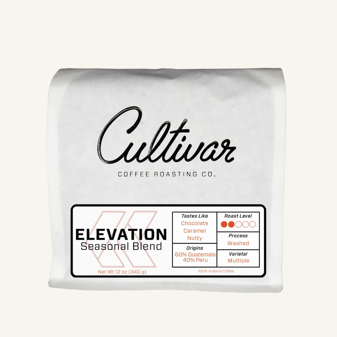 Retail bag of Cultivar Coffee Roasting Co.'s Elevation Seasonal Blend freshly roasted coffee beans