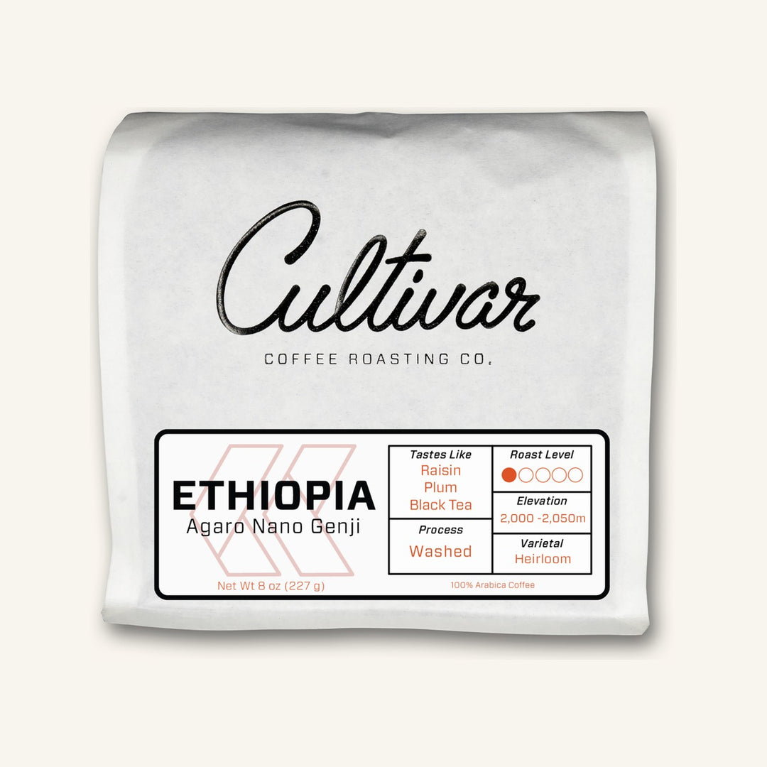 12 oz bag of Cultivar Ethiopia Agaro Nano Genji washed whole bean coffee with raisin, plum and black tea tasting notes