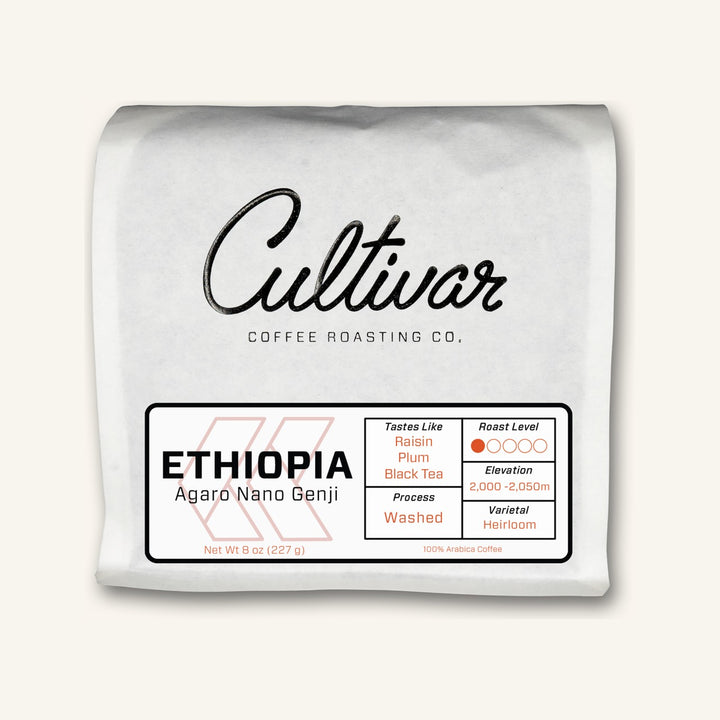 12 oz bag of Cultivar Ethiopia Agaro Nano Genji washed whole bean coffee with raisin, plum and black tea tasting notes