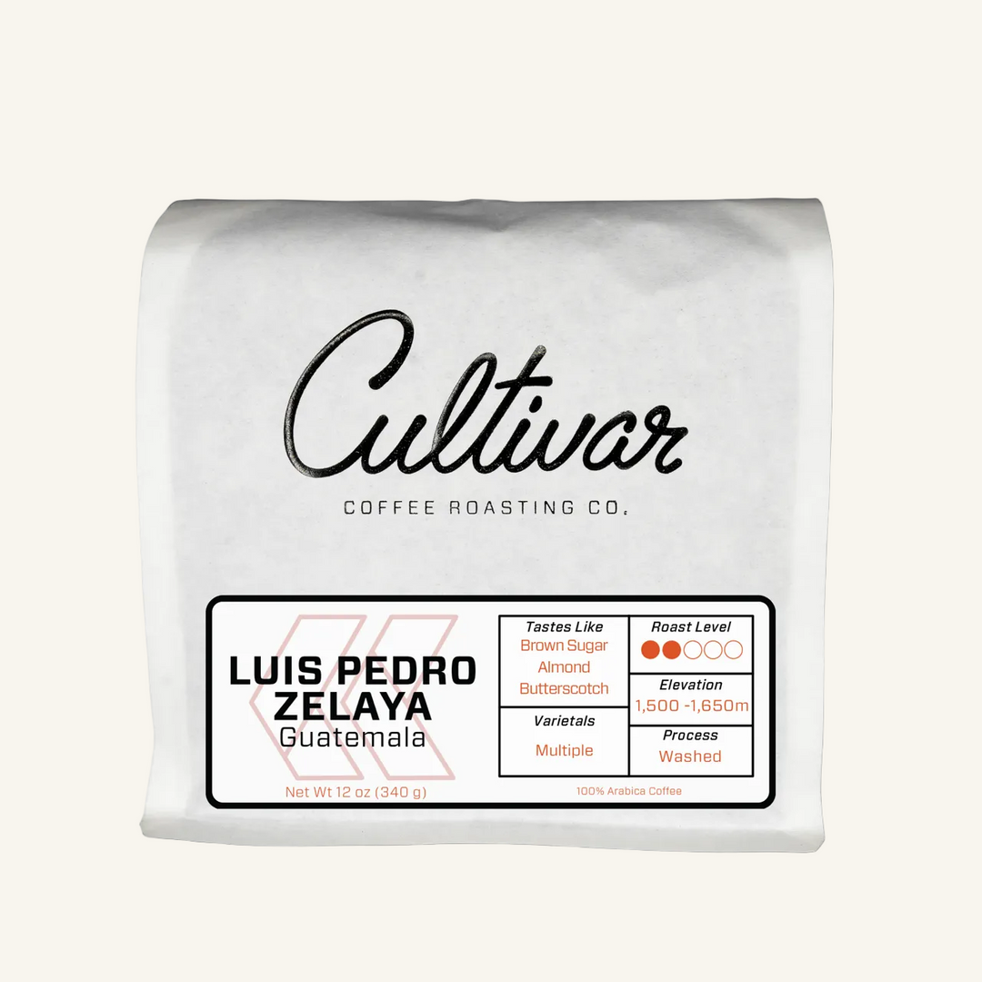 Retail bag of Cultivar Coffee Roasting Co.'s Guatemala Luis Pedro Zelaya freshly roasted coffee beans