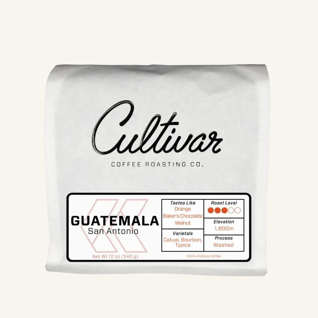 Retail bag of Cultivar Coffee Roasting Co.'s Guatemala San Antonio freshly roasted coffee beans