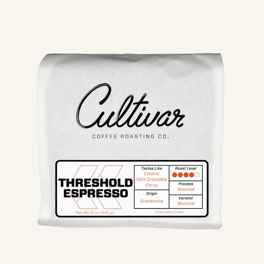 Retail bag of Cultivar Coffee Roasting Co.'s Threshold Espresso freshly roasted coffee beans