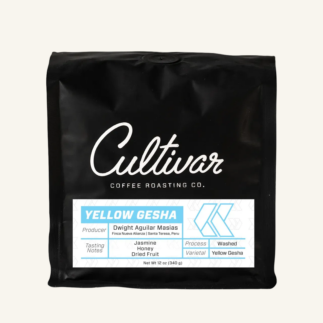 Retail bag of Cultivar Coffee Roasting Co.'s Peru Yellow Gesha freshly roasted coffee beans