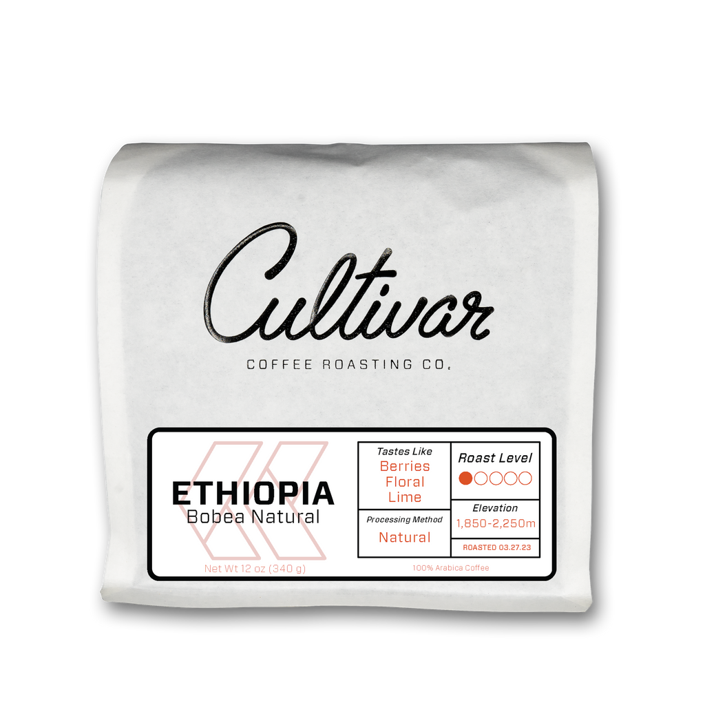 Retail bag of Cultivar Coffee Roasting Co.'s Ethiopia Bobea Natural freshly roasted specialty coffee beans
