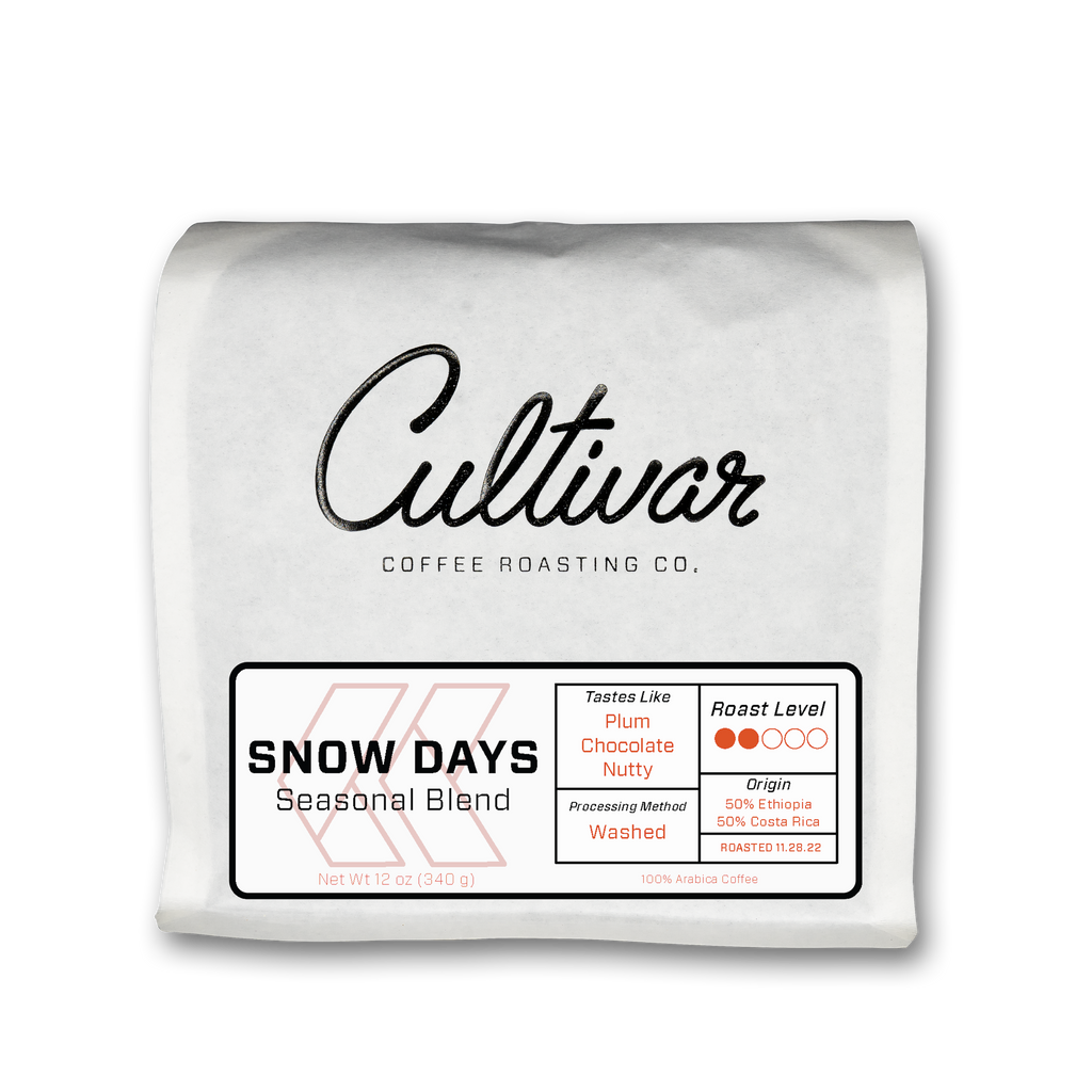 Bag of Cultivar's Snow Days Holiday Blend roasted coffee beans