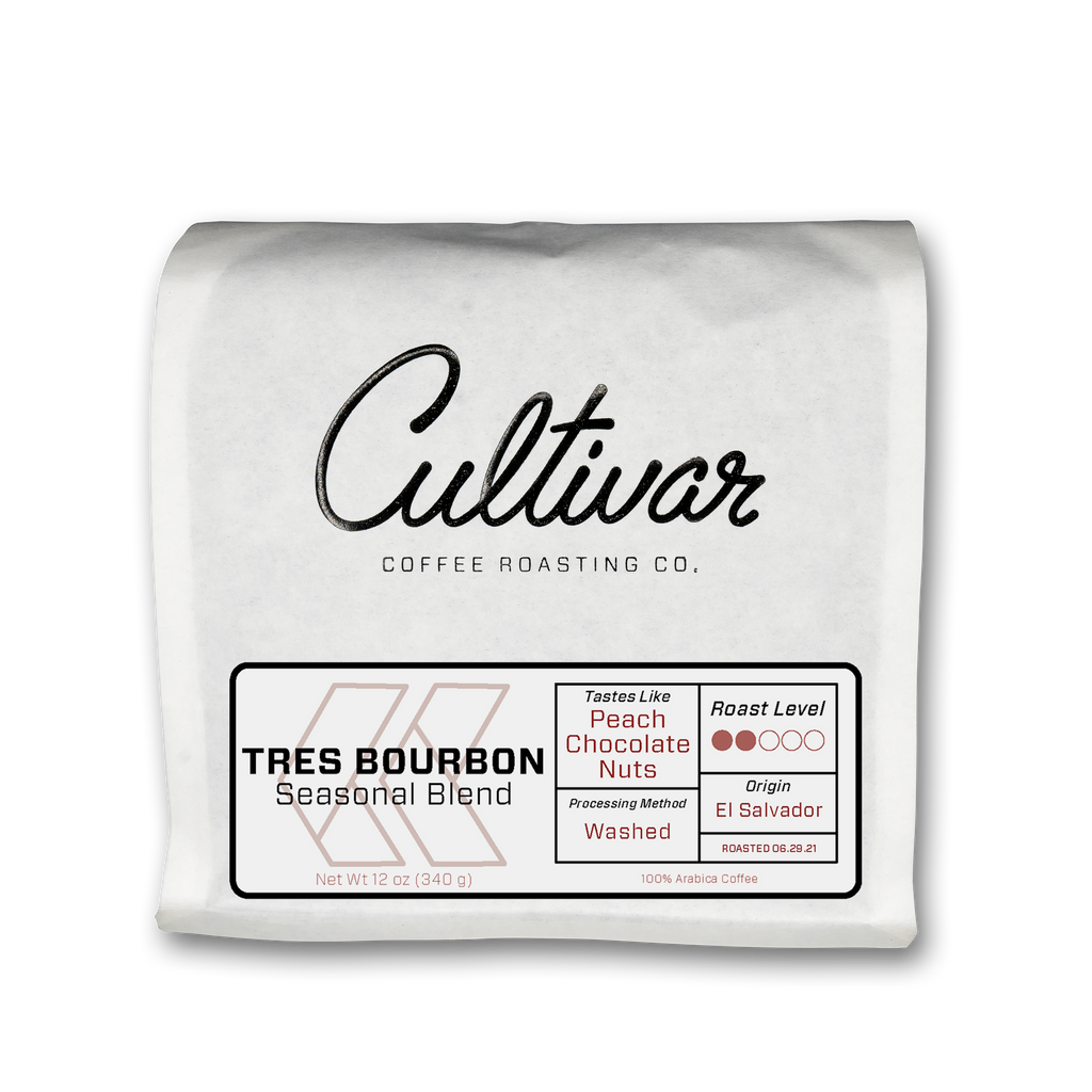 Bag of Cultivar's Tres Bourbon Seasonal Blend roasted coffee beans
